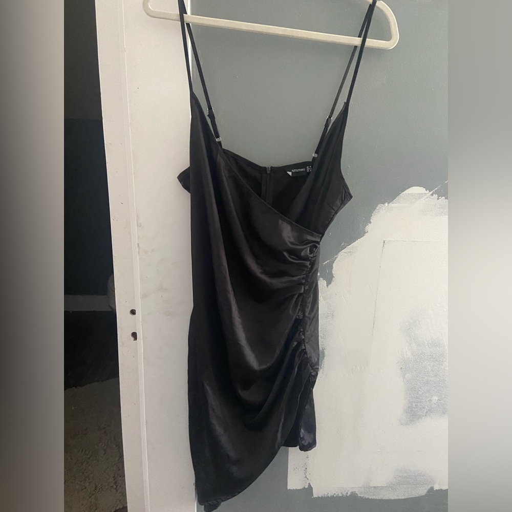 PLT Black Mini Satin Dress Scrunch Waist Sz 6 Used